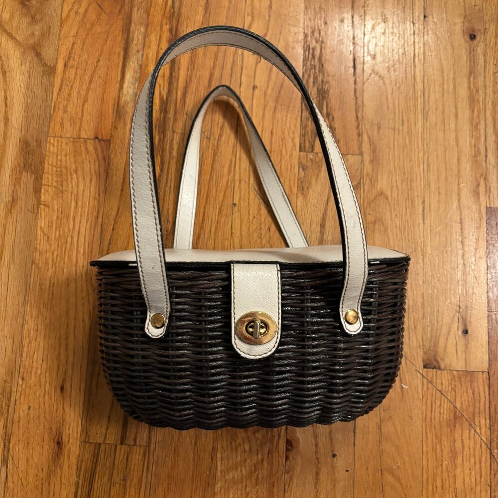 American Vintage Dark Brown Wicker Basket Bag with Cream Trim